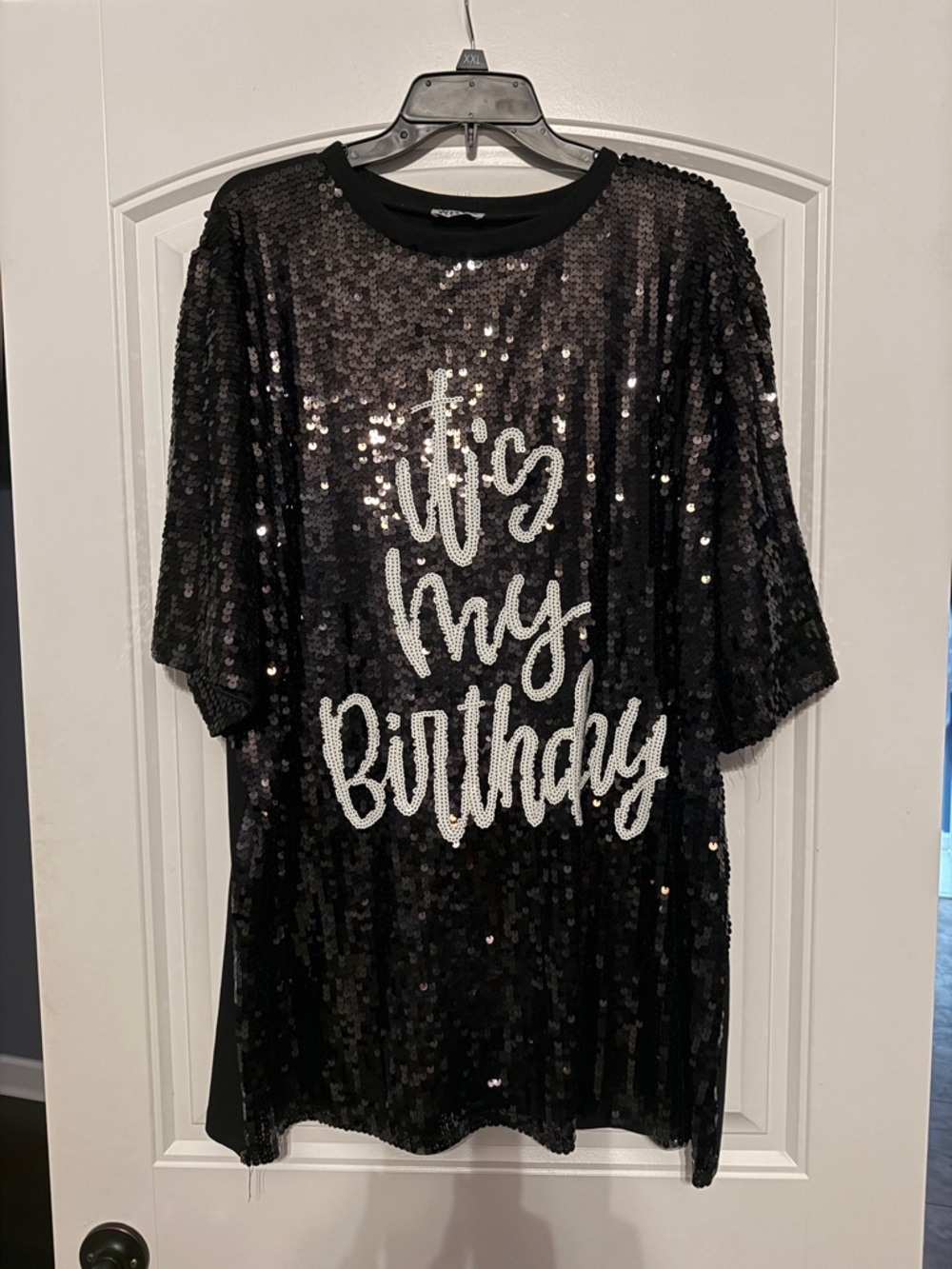 Black Sequin Mini Dress with White Script 'It's My Birthday'
